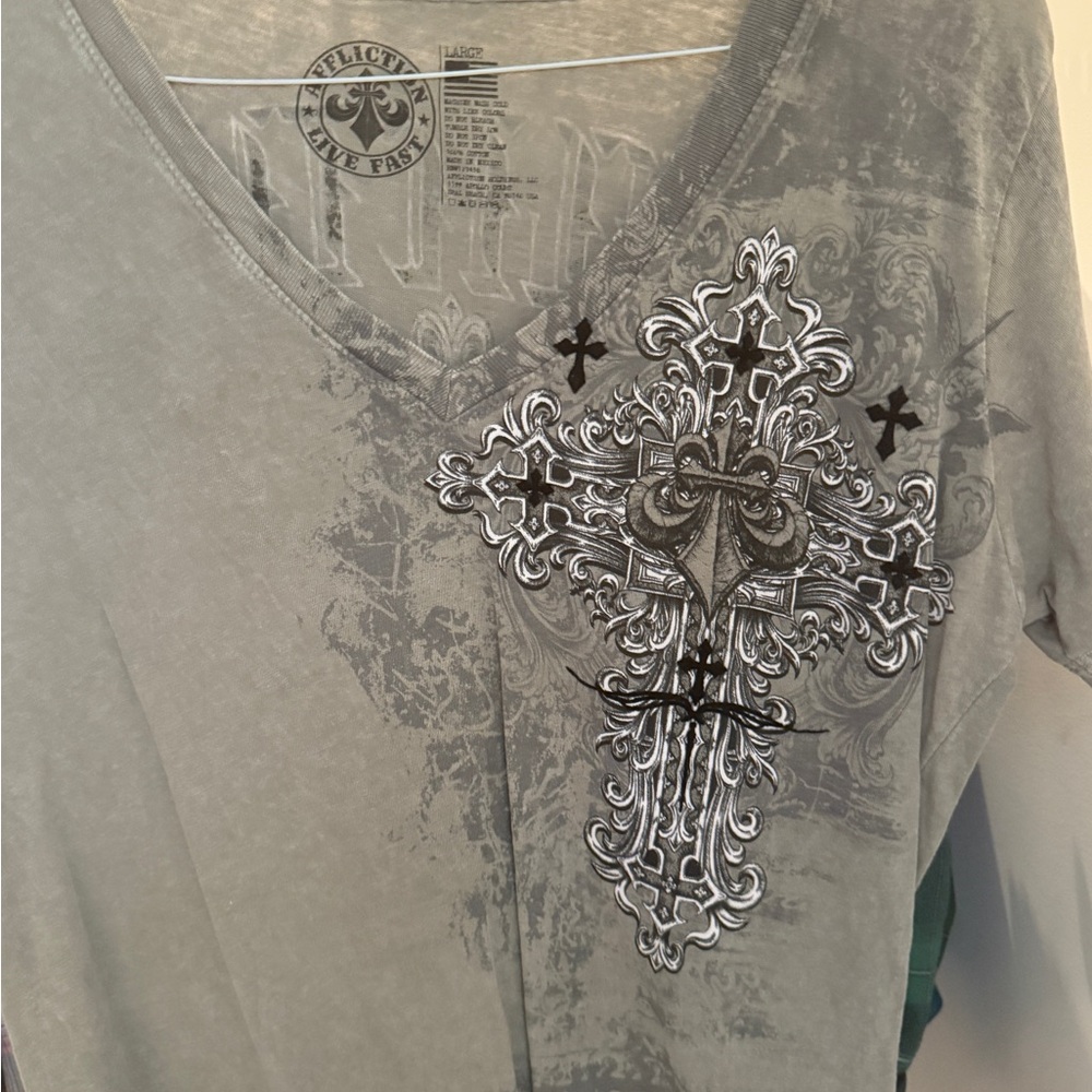 Affliction Gray V-Neck Tee with Ornate Cross